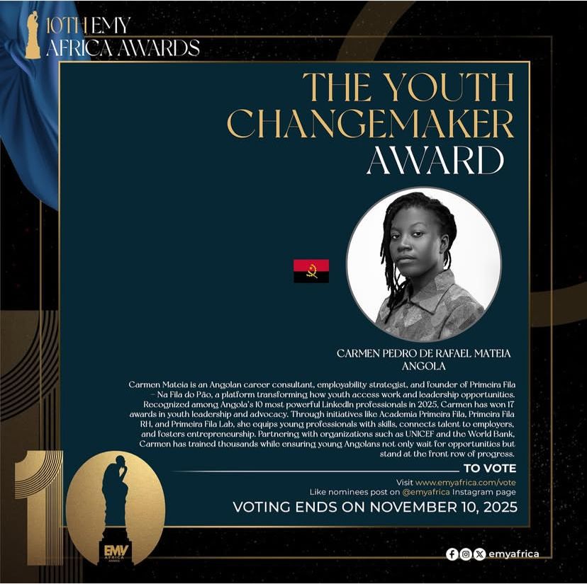 Carmen Mateia faz história ao tornar-se a primeira angolana nomeada para os EMY Africa Awards 2025, na categoria Youth Changemaker of the Year. Um reconhecimento ao seu trabalho em prol da juventude e da empregabilidade em Angola.